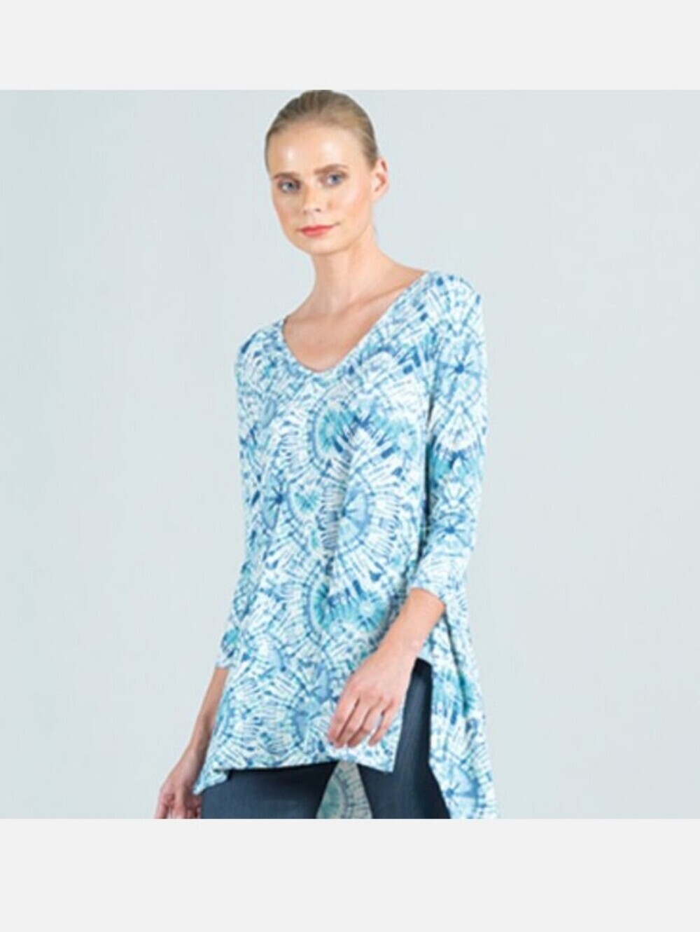 Clara Sun Woo Slinky Asymmetrical Hem Tunic Top Whit Blue S Blouse Stretch 3/4